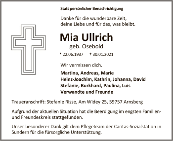 Traueranzeige von Mia Ullrich von WA