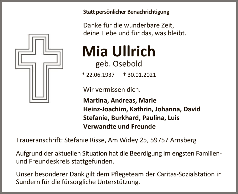  Traueranzeige für Mia Ullrich vom 06.02.2021 aus WA