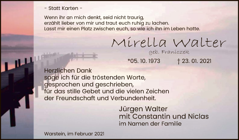  Traueranzeige für Mirella Walter vom 20.02.2021 aus WA