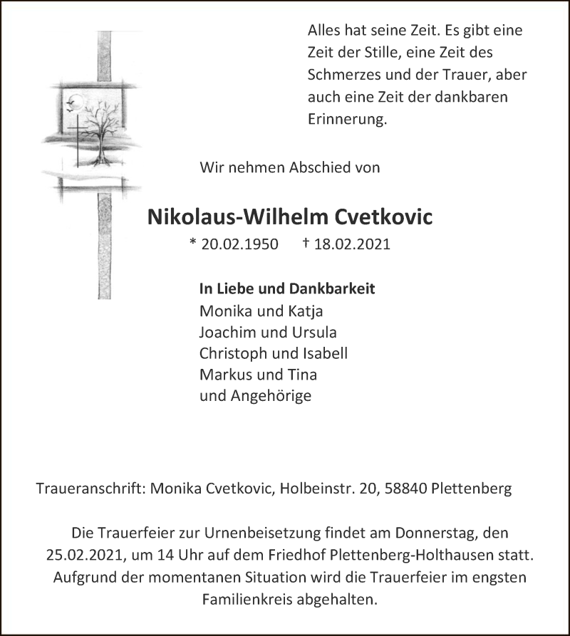  Traueranzeige für Nikolaus-Wilhelm Cvetkovic vom 20.02.2021 aus WA