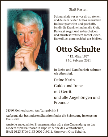 Traueranzeige von Otto Schulte von WA