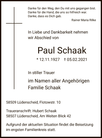 Traueranzeige von Paul Schaak von WA