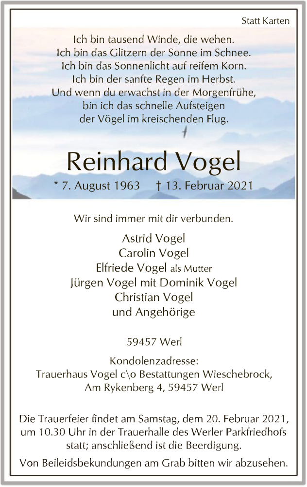  Traueranzeige für Reinhard Vogel vom 17.02.2021 aus WA