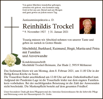 Traueranzeige von Reinhildis Trockel von WA