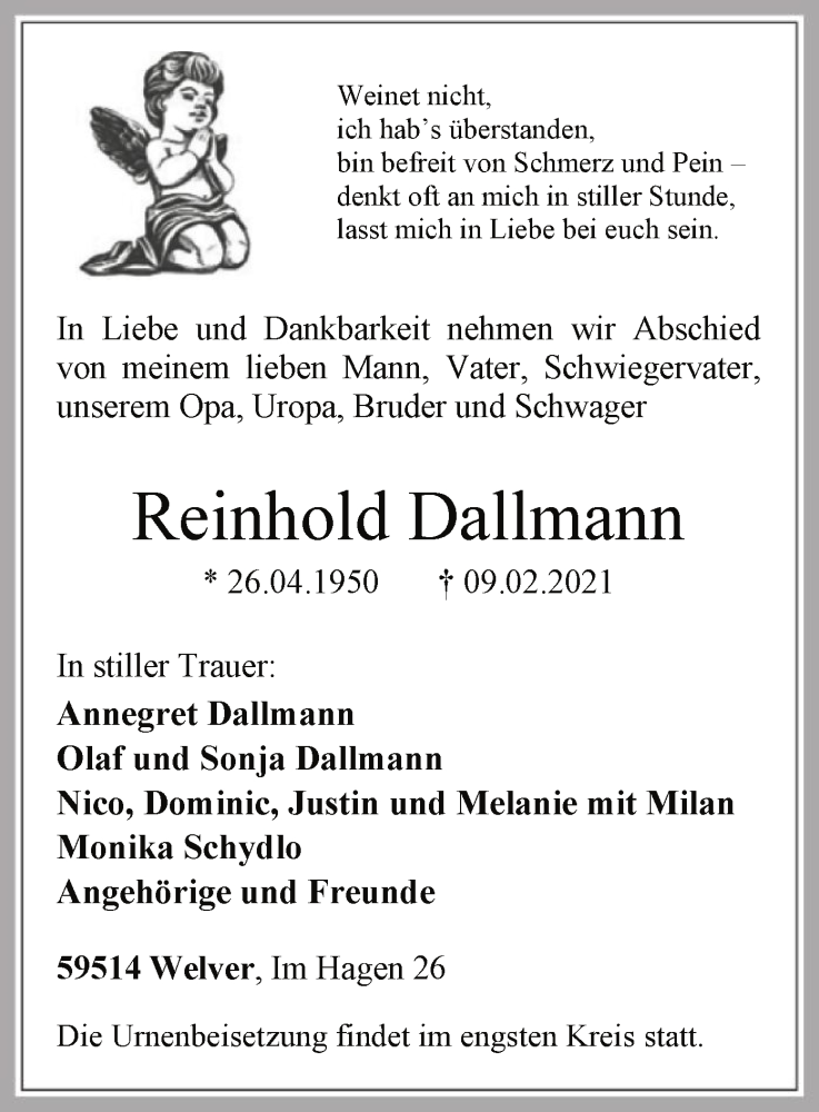 Traueranzeige für Reinhold Dallmann vom 12.02.2021 aus WA