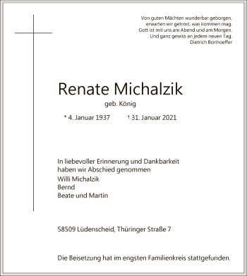 Traueranzeige von Renate Michalzik von WA