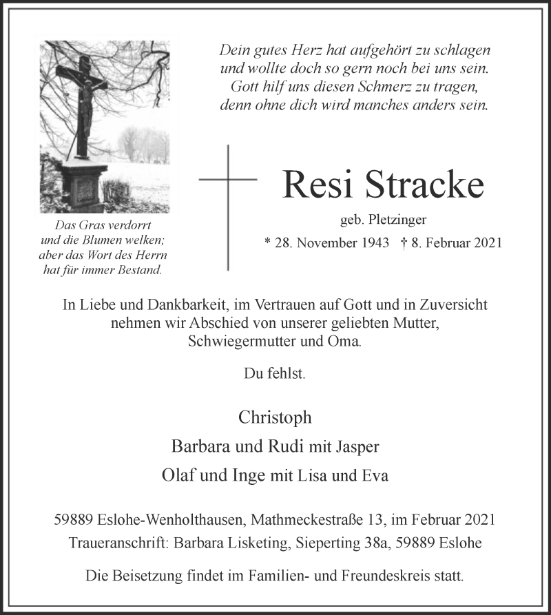  Traueranzeige für Resi Stracke vom 13.02.2021 aus WA