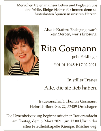 Traueranzeige von Rita Gosmann von WA
