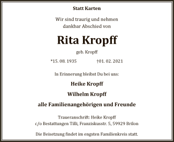 Traueranzeige von Rita Kropff von WA