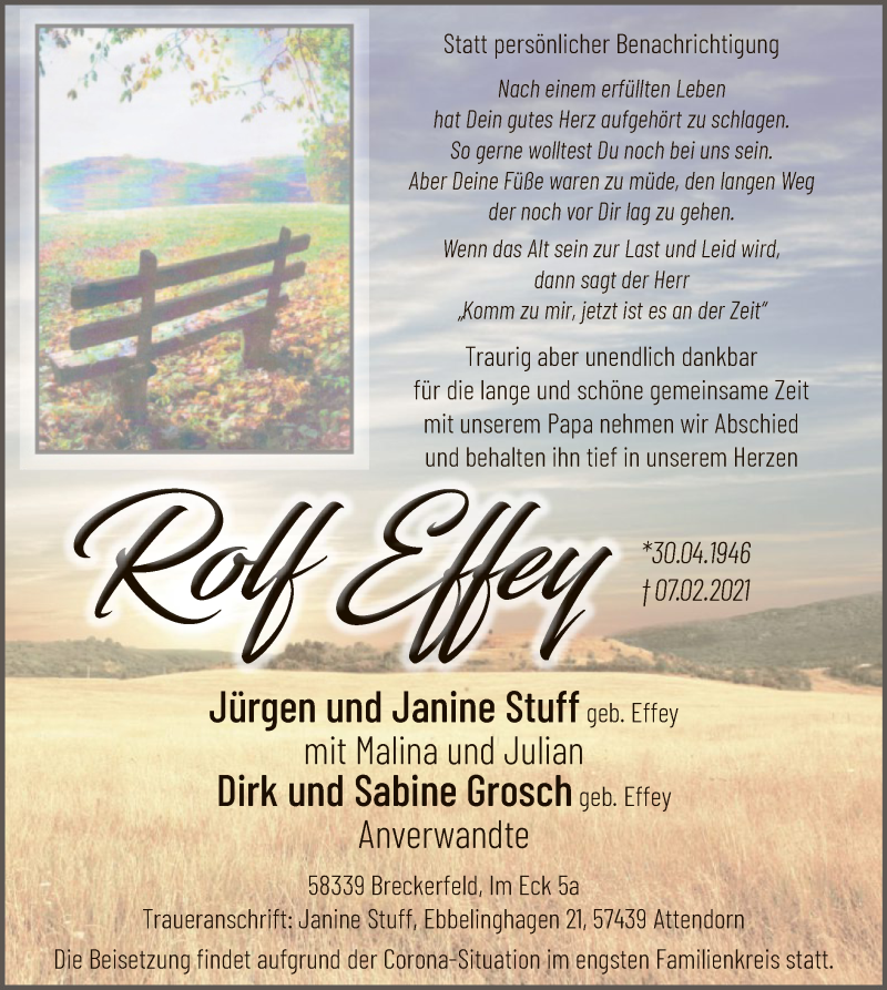  Traueranzeige für Rolf Effey vom 13.02.2021 aus WA