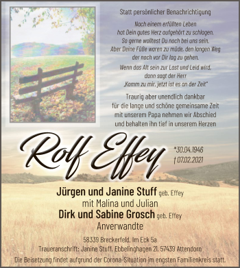 Traueranzeige von Rolf Effey von WA