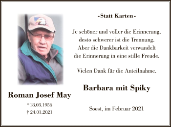 Traueranzeige von Roman Josef May von WA