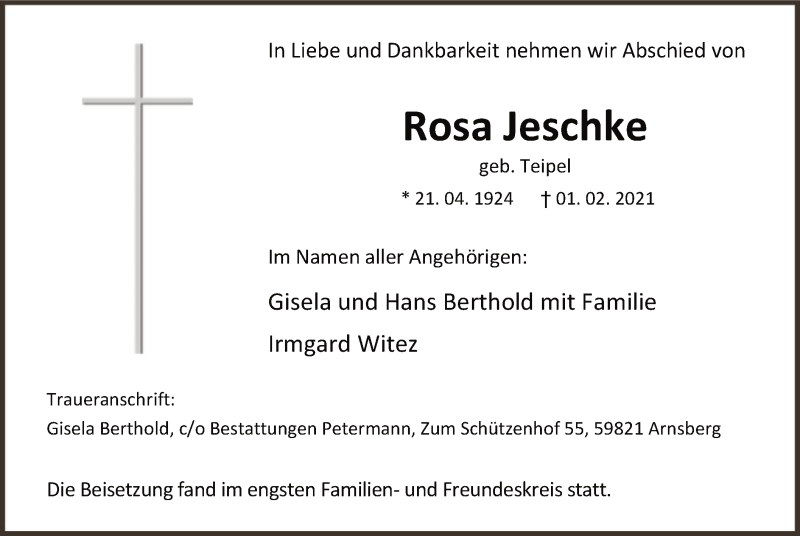  Traueranzeige für Rosa Jeschke vom 06.02.2021 aus WA