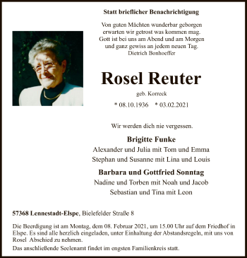 Traueranzeige von Rosel Reuter von WA