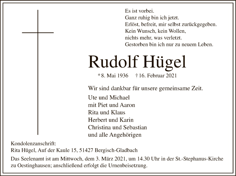  Traueranzeige für Rudolf Hügel vom 20.02.2021 aus WA