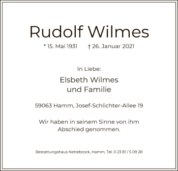 Traueranzeige von Rudolf Wilmes von WA
