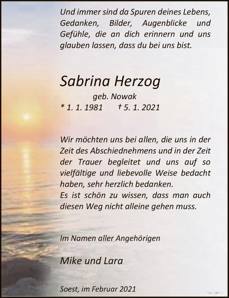  Traueranzeige für Sabrina Herzog vom 16.02.2021 aus WA