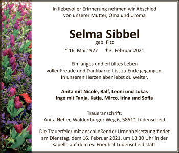 Traueranzeige von Selma Sibbel von WA
