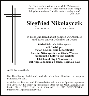 Traueranzeige von Siegfried Nikolayczik von WA