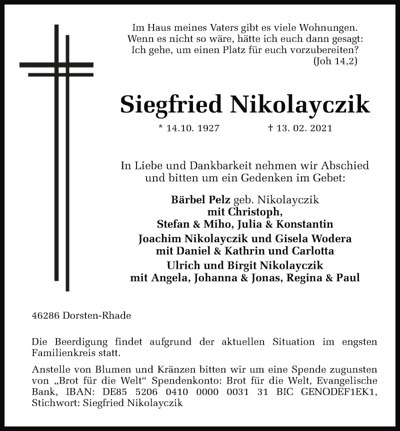  Traueranzeige für Siegfried Nikolayczik vom 20.02.2021 aus WA