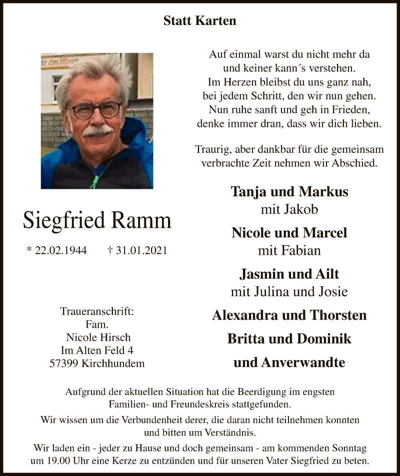  Traueranzeige für Siegfried Ramm vom 06.02.2021 aus WA