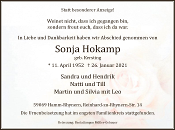 Traueranzeige von Sonja Hokamp von WA