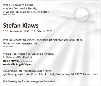 Traueranzeige von Stefan Klaws von WA