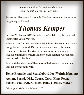 Traueranzeige von Thomas Kemper von WA