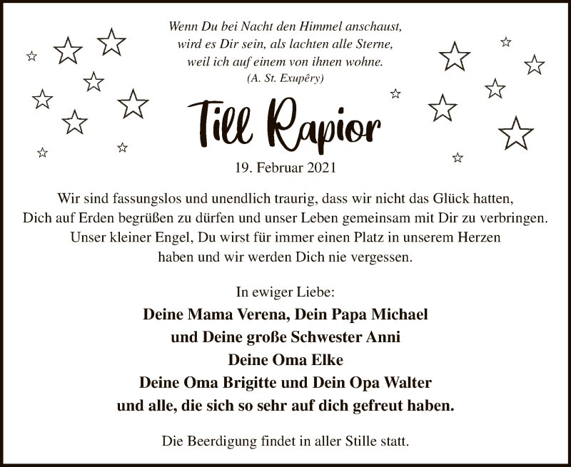  Traueranzeige für Till Rapior vom 27.02.2021 aus WA