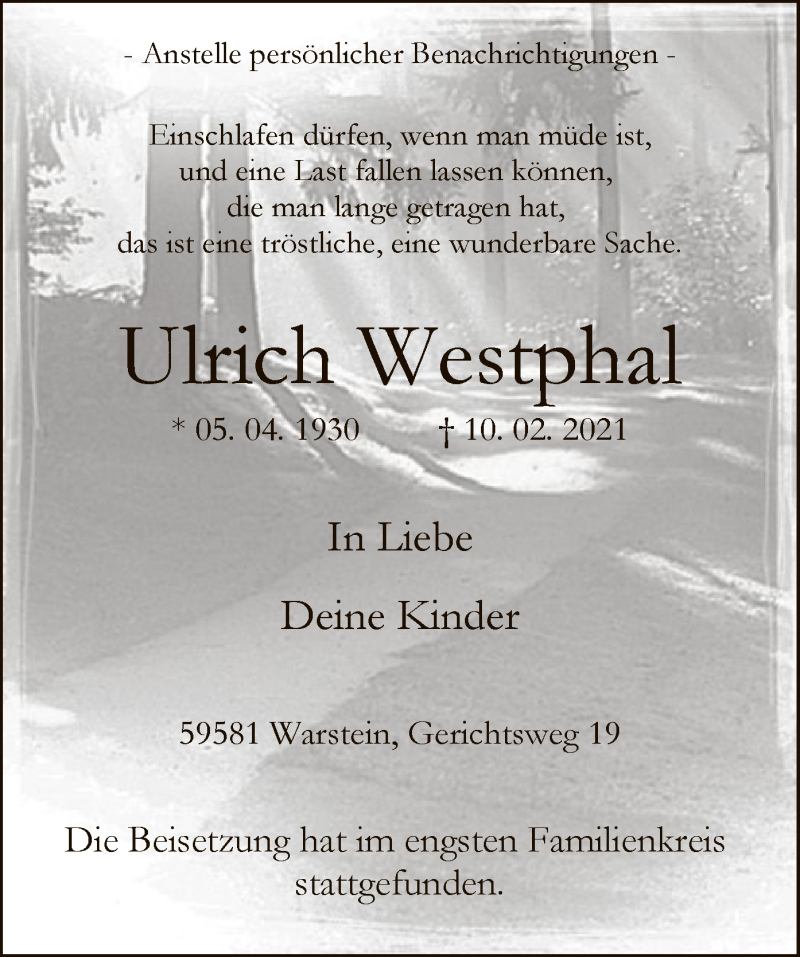  Traueranzeige für Ulrich Westphal vom 25.02.2021 aus WA