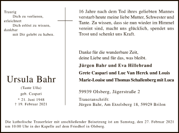 Traueranzeige von Ursula Bahr von WA