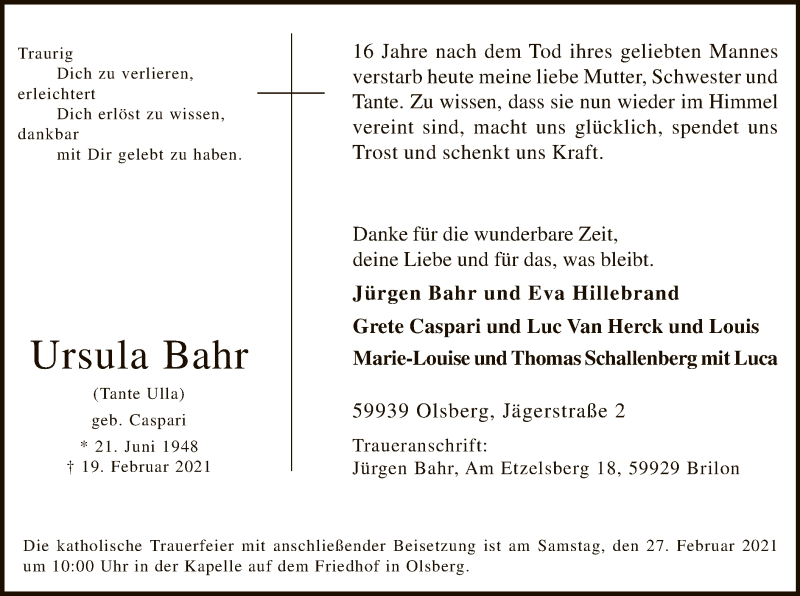  Traueranzeige für Ursula Bahr vom 27.02.2021 aus WA