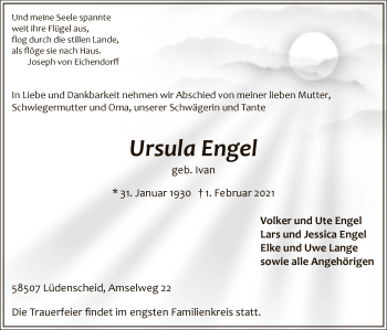 Traueranzeige von Ursula Engel von WA