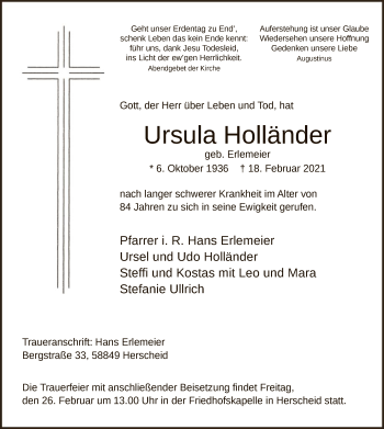 Traueranzeige von Ursula Holländer von WA