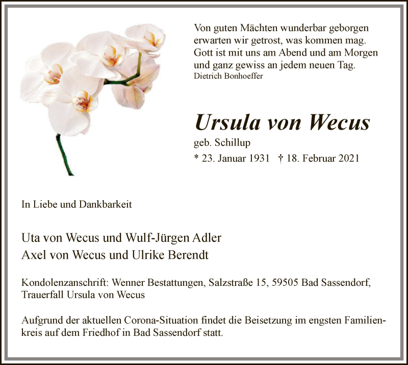  Traueranzeige für Ursula von Wecus vom 24.02.2021 aus WA
