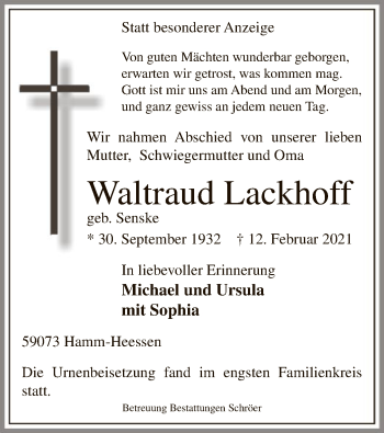 Traueranzeige von Waltraud Lackhoff von WA