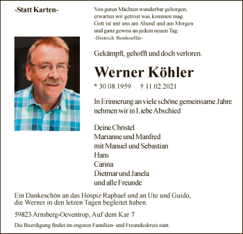 Traueranzeige von Werner Köhler von WA