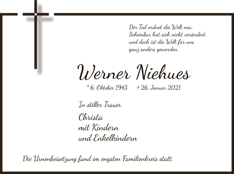  Traueranzeige für Werner Niehues vom 15.02.2021 aus WA