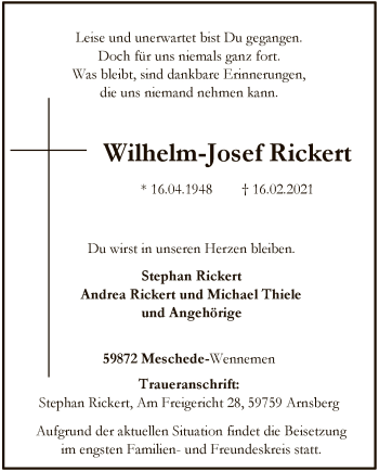 Traueranzeige von Wilhelm-Josef Rickert von WA