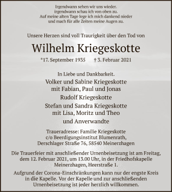 Traueranzeige von Wilhelm Kriegeskotte von WA
