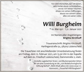 Traueranzeige von Willi Burgheim von WA