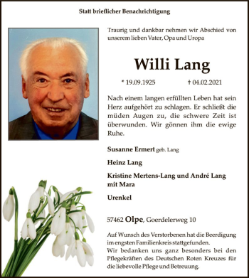 Traueranzeige von Willi Lang von WA