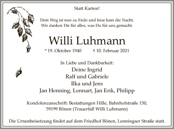 Traueranzeige von Willi Luhmann von WA