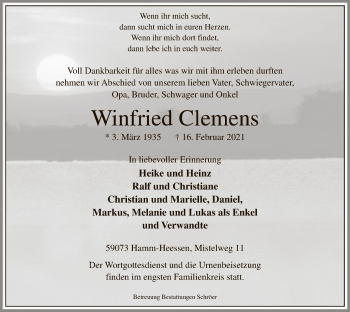 Traueranzeige von Winfried Clemens von WA