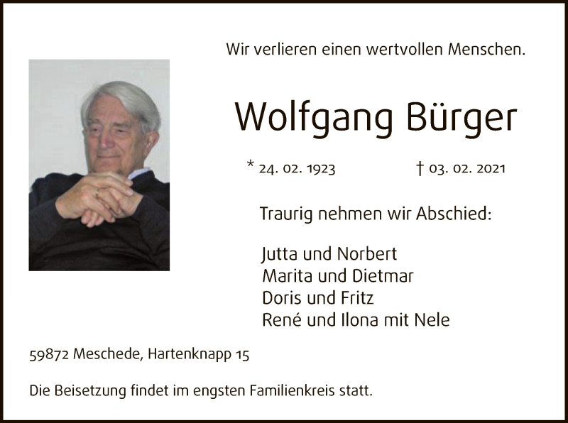  Traueranzeige für Wolfgang Bürger vom 06.02.2021 aus WA