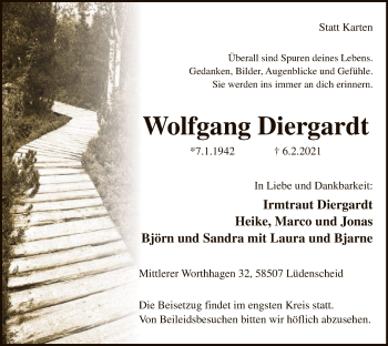 Traueranzeige von Wolfgang Diergardt von WA