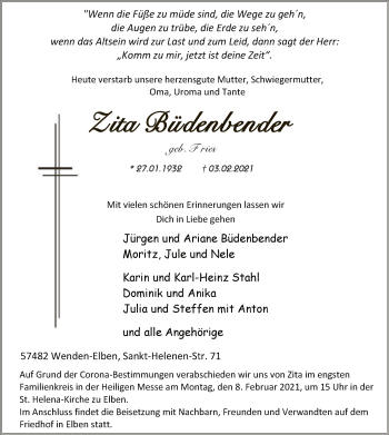 Traueranzeige von Zita Büdenbender von WA