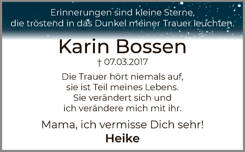  Traueranzeige für Karin Bossen vom 08.03.2021 aus WA