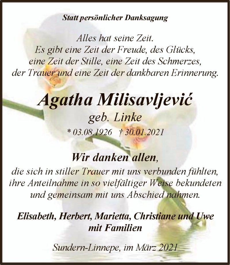  Traueranzeige für Agatha Milisavljevic vom 06.03.2021 aus WA