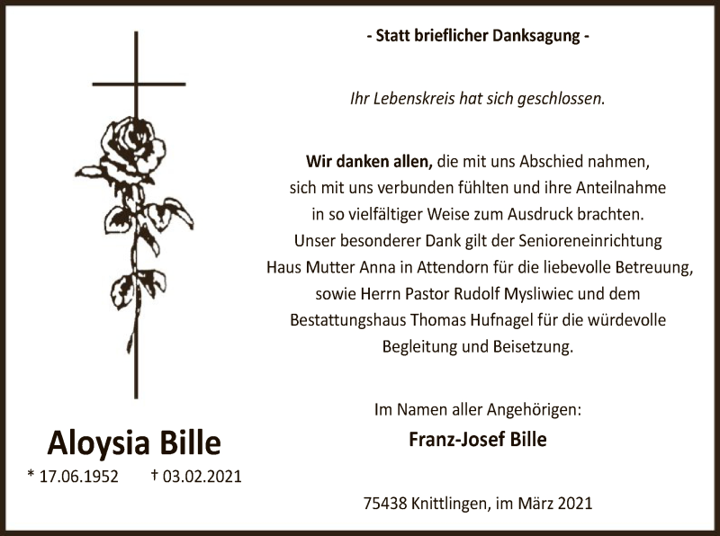  Traueranzeige für Aloysia Bille vom 13.03.2021 aus WA